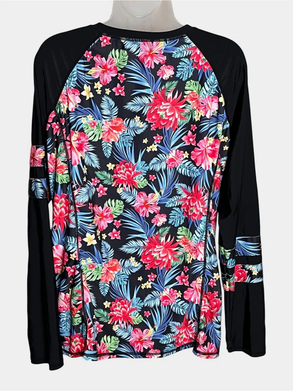 Black Tropical Floral Long Sleeve Rash Guard Swim Top Plus Size 2XL